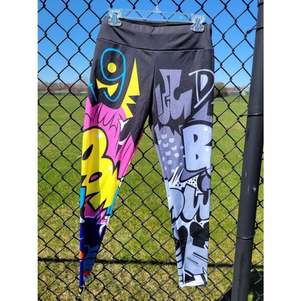 Sunny Lou Leggings Black w/ Multi-Color Cartoon Style BOOM Print XL Poly